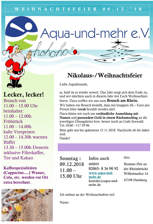 Aqua und mehr e.V. - Flyer Weihnachtsfeier 2018